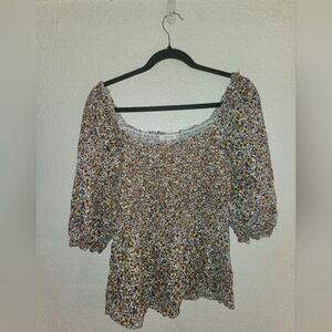 Max Studio Floral Peasant Blouse in White, Brown, Yellow